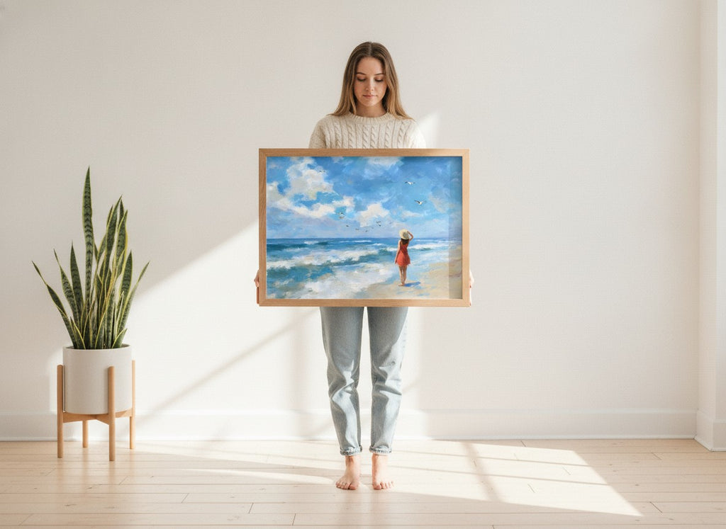 Woman on Beach Ocean Art art print shown in a person holding bright setting