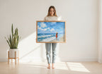 Woman on Beach Ocean Art art print shown in a person holding bright setting