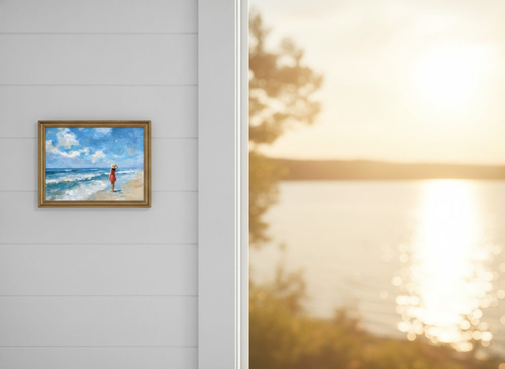Woman on Beach Ocean Art art print shown in a shiplap blurred view setting