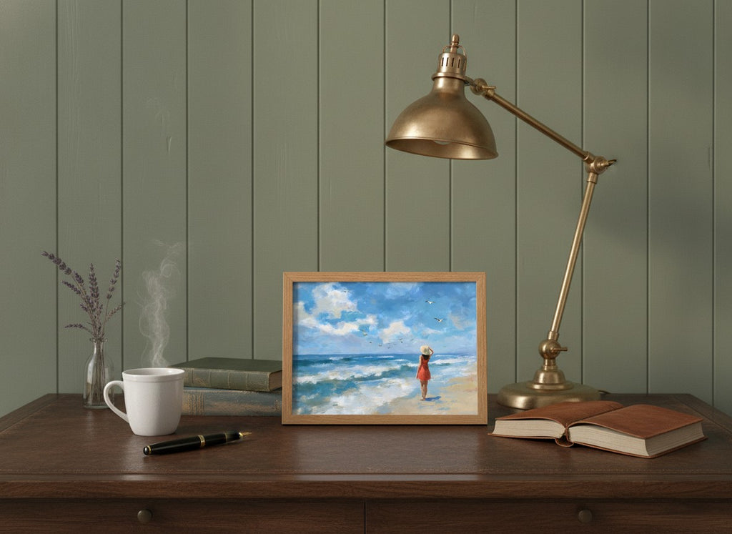 Woman on Beach Ocean Art art print shown in a small desk oak setting