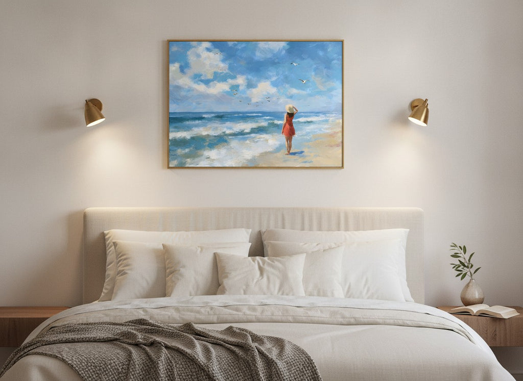 Woman on Beach Ocean Art art print shown in a wide above bed brushed brass setting