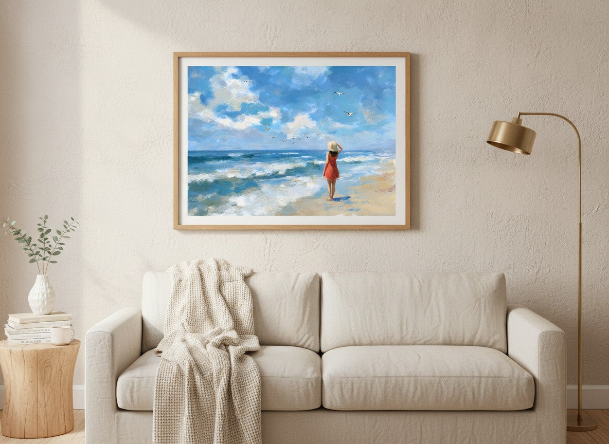 Woman on Beach Ocean Art art print shown in a wide above couch oak setting