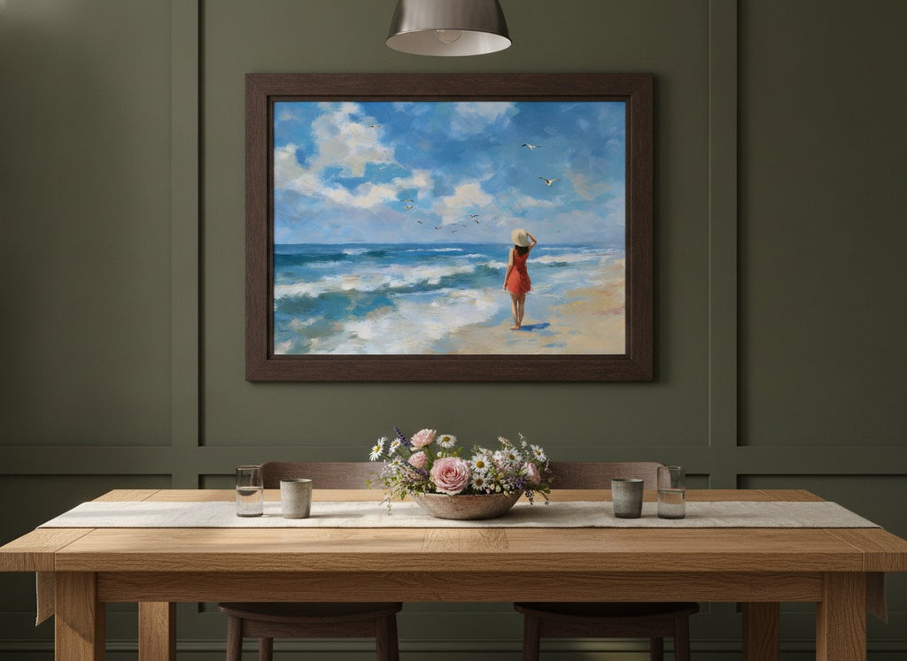 Woman on Beach Ocean Art art print shown in a wide dining statement olive setting
