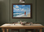 Woman on Beach Ocean Art art print shown in a wide dining statement olive setting
