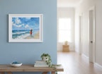 Woman on Beach Ocean Art art print shown in a wide hallway gallery coastal setting