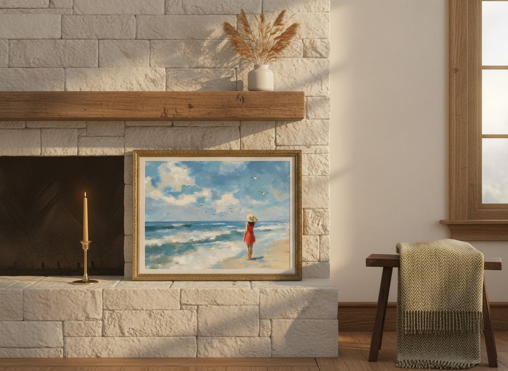 Woman on Beach Ocean Art art print shown in a wide mantel single brass setting