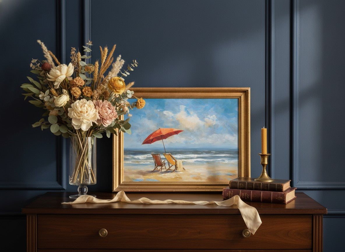 Beach Chairs Umbrella Ocean Painting art print shown in a dresser dried florals setting