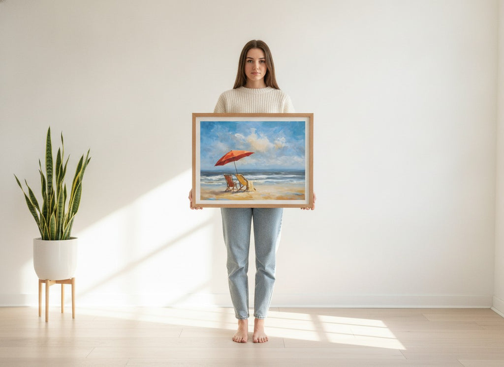 Beach Chairs Umbrella Ocean Painting art print shown in a person holding bright setting