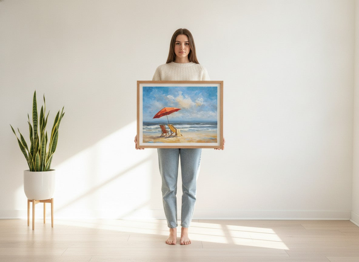Beach Chairs Umbrella Ocean Painting art print shown in a person holding bright setting