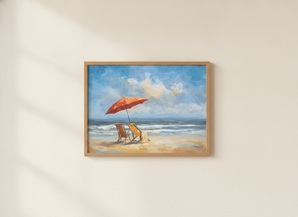 Beach Chairs Umbrella Ocean Painting art print