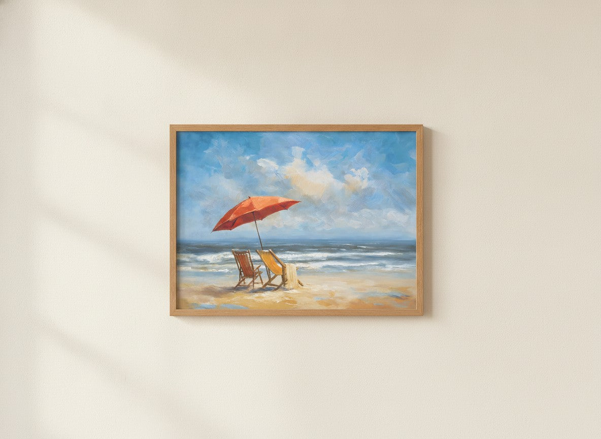 Beach Chairs Umbrella Ocean Painting art print