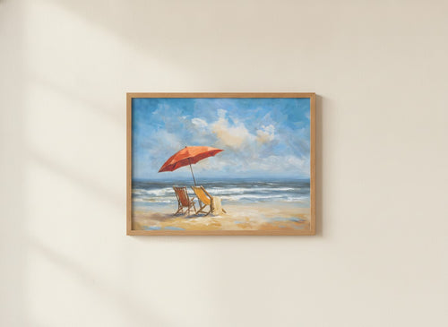 Beach Chairs Umbrella Ocean Painting art print