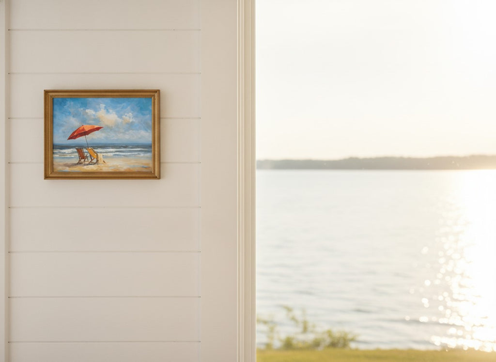 Beach Chairs Umbrella Ocean Painting art print shown in a shiplap blurred view setting