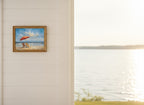 Beach Chairs Umbrella Ocean Painting art print shown in a shiplap blurred view setting