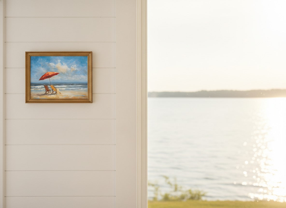 Beach Chairs Umbrella Ocean Painting art print shown in a shiplap blurred view setting