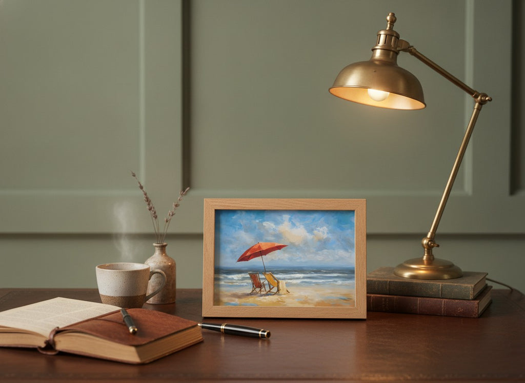 Beach Chairs Umbrella Ocean Painting art print shown in a small desk oak setting