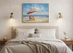Beach Chairs Umbrella Ocean Painting art print shown in a wide above bed brushed brass setting
