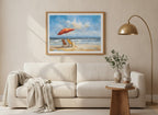 Beach Chairs Umbrella Ocean Painting art print shown in a wide above couch oak setting