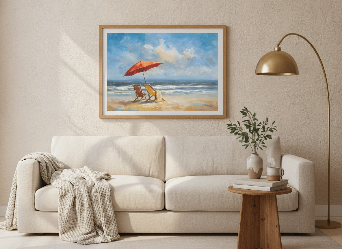 Beach Chairs Umbrella Ocean Painting art print shown in a wide above couch oak setting