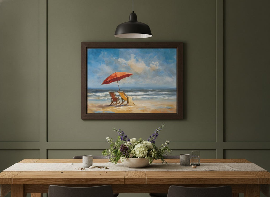 Beach Chairs Umbrella Ocean Painting art print shown in a wide dining statement olive setting