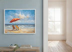 Beach Chairs Umbrella Ocean Painting art print shown in a wide hallway gallery coastal setting