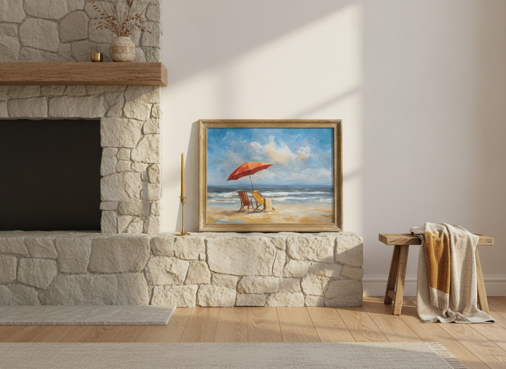 Beach Chairs Umbrella Ocean Painting art print shown in a wide mantel single brass setting