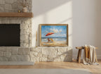 Beach Chairs Umbrella Ocean Painting art print shown in a wide mantel single brass setting