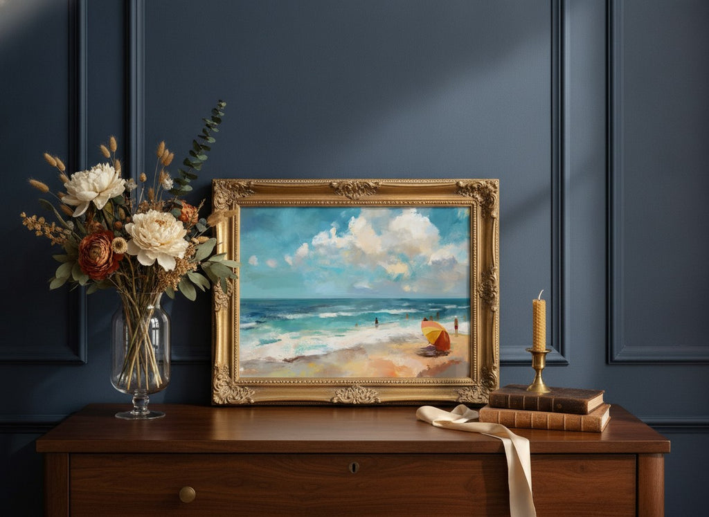 Impressionist Beach Scene Painting art print shown in a dresser dried florals setting