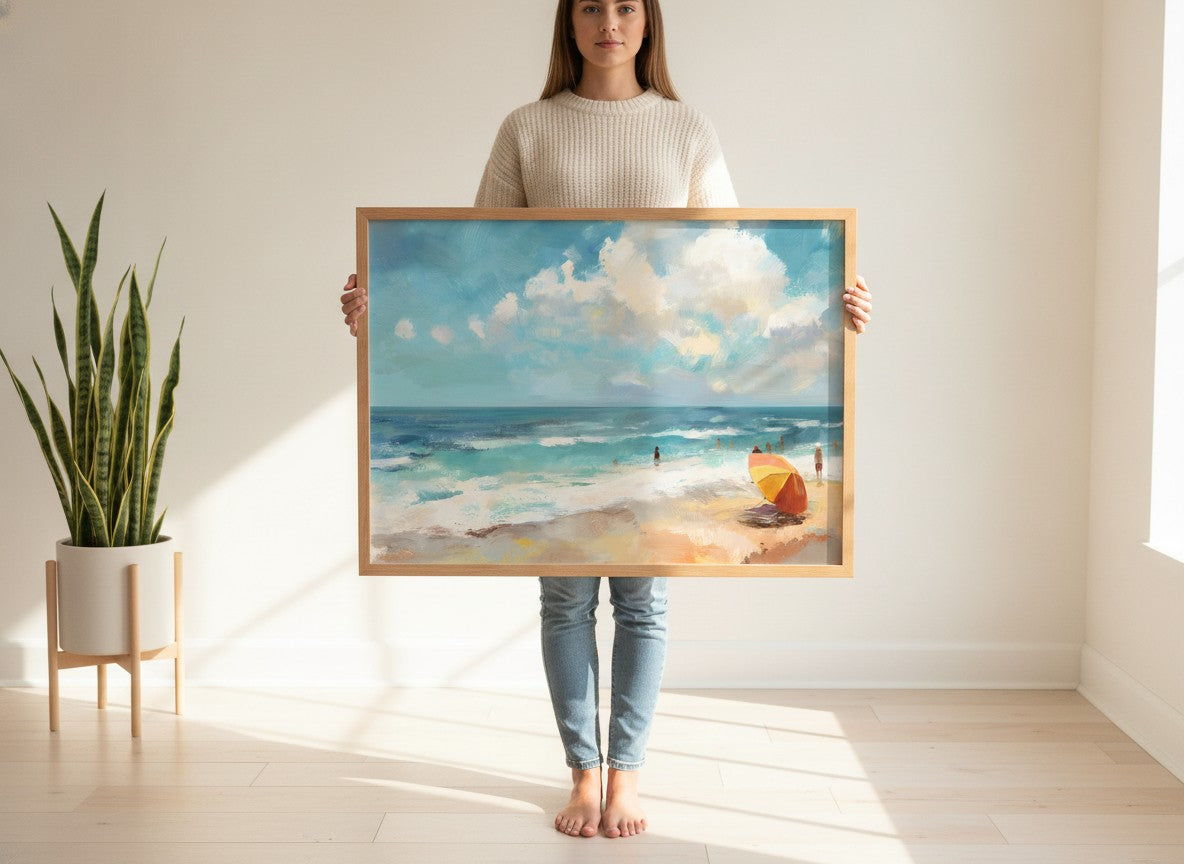 Impressionist Beach Scene Painting art print shown in a person holding bright setting