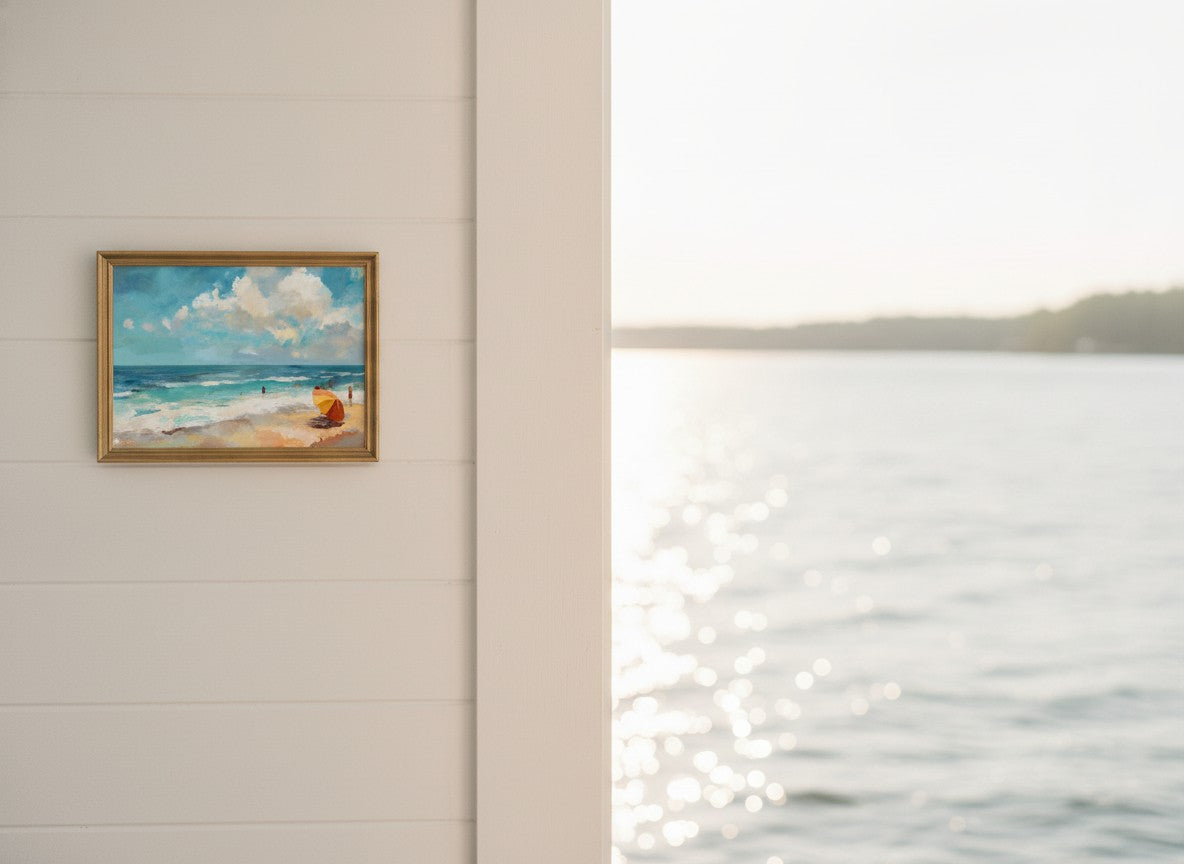 Impressionist Beach Scene Painting art print shown in a shiplap blurred view setting