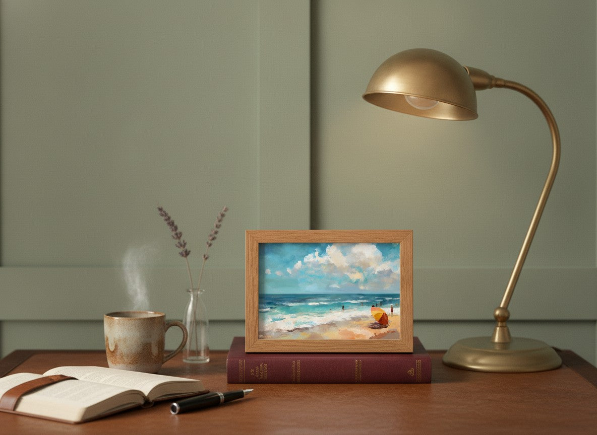 Impressionist Beach Scene Painting art print shown in a small desk oak setting