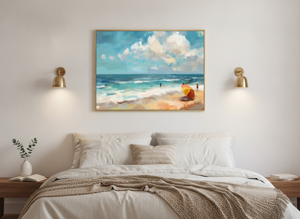 Impressionist Beach Scene Painting art print shown in a wide above bed brushed brass setting