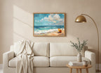 Impressionist Beach Scene Painting art print shown in a wide above couch oak setting
