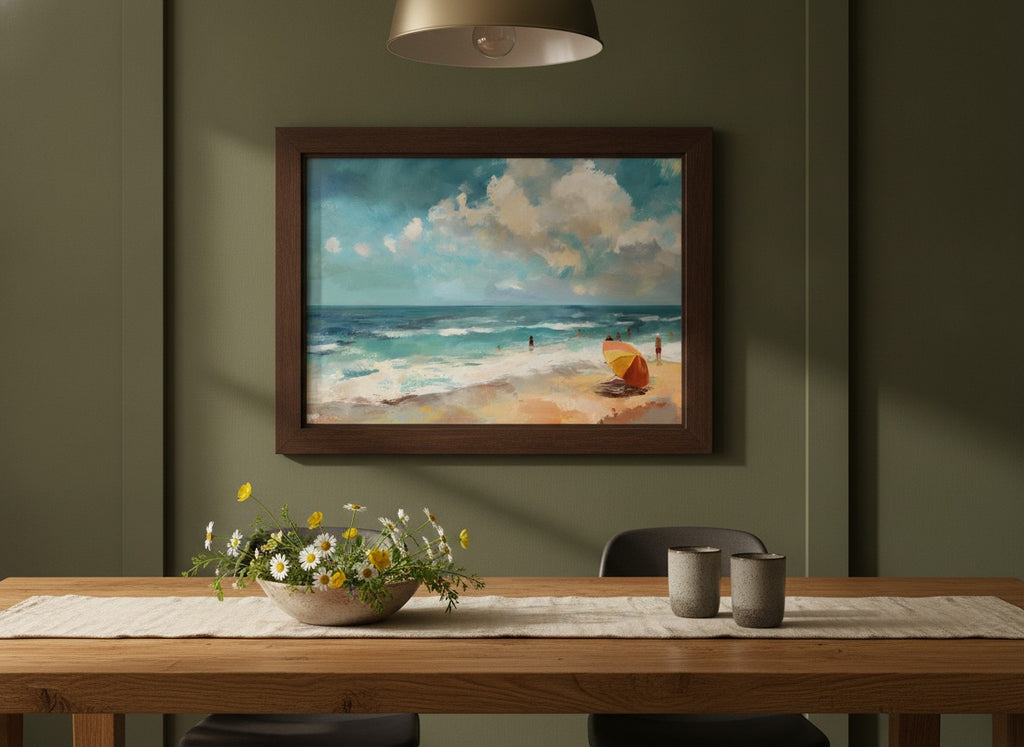 Impressionist Beach Scene Painting art print shown in a wide dining statement olive setting