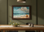 Impressionist Beach Scene Painting art print shown in a wide dining statement olive setting