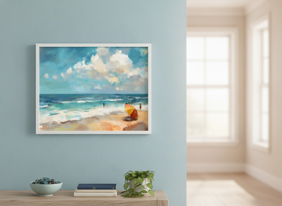 Impressionist Beach Scene Painting art print shown in a wide hallway gallery coastal setting