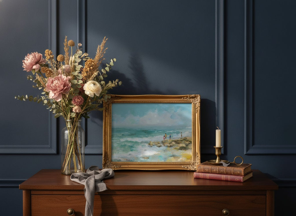 Coastal Family Figures Impressionist Art art print shown in a dresser dried florals setting