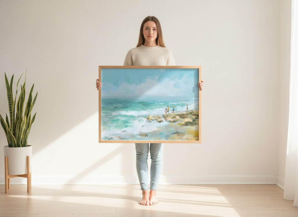 Coastal Family Figures Impressionist Art art print shown in a person holding bright setting
