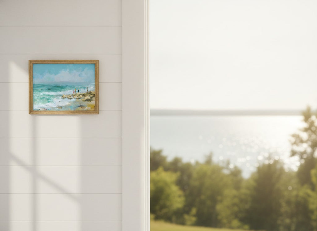 Coastal Family Figures Impressionist Art art print shown in a shiplap blurred view setting
