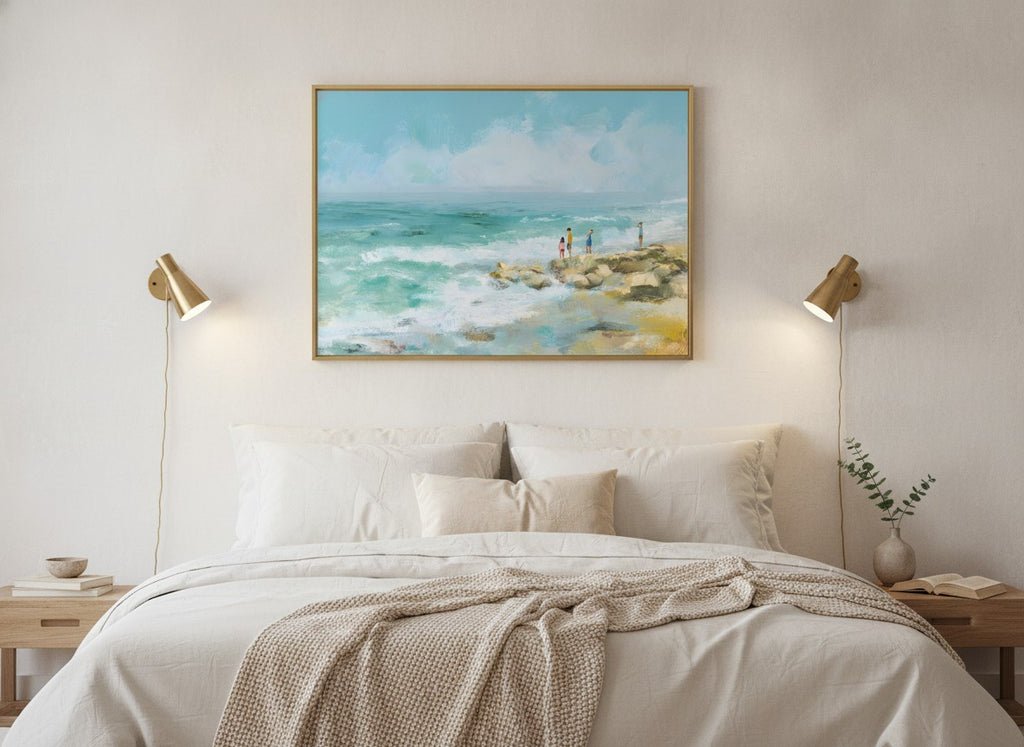 Coastal Family Figures Impressionist Art art print shown in a wide above bed brushed brass setting