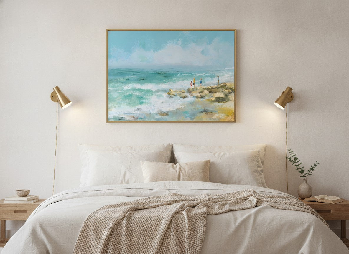 Coastal Family Figures Impressionist Art art print shown in a wide above bed brushed brass setting