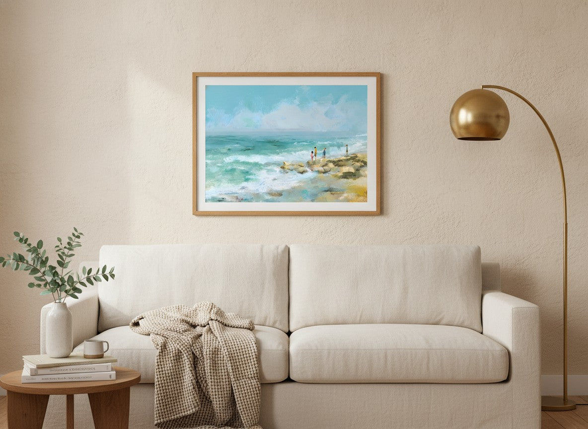Coastal Family Figures Impressionist Art art print shown in a wide above couch oak setting