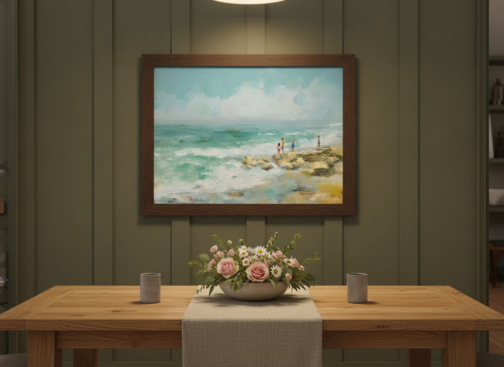 Coastal Family Figures Impressionist Art art print shown in a wide dining statement olive setting
