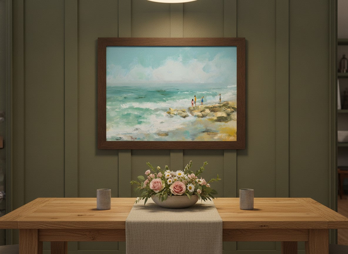 Coastal Family Figures Impressionist Art art print shown in a wide dining statement olive setting