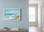 Coastal Family Figures Impressionist Art art print shown in a wide hallway gallery coastal setting