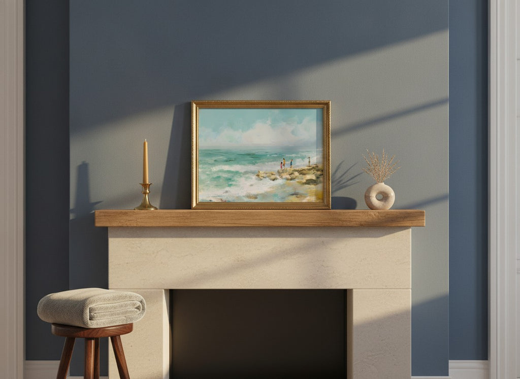 Coastal Family Figures Impressionist Art art print shown in a wide mantel single brass setting
