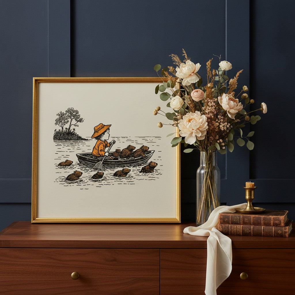 Child Rowing Boat Beavers Art art print shown in a dresser dried florals setting
