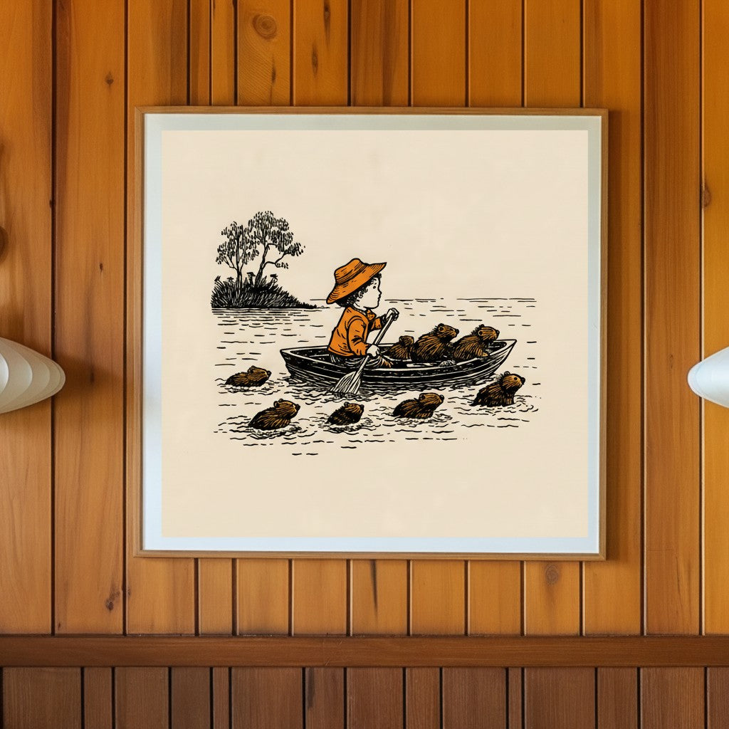 Child Rowing Boat Beavers Art art print