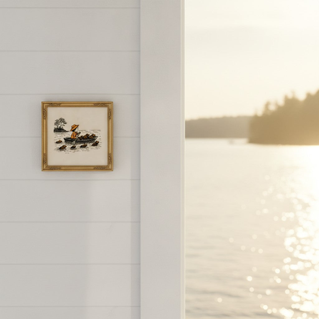 Child Rowing Boat Beavers Art art print shown in a shiplap blurred view setting