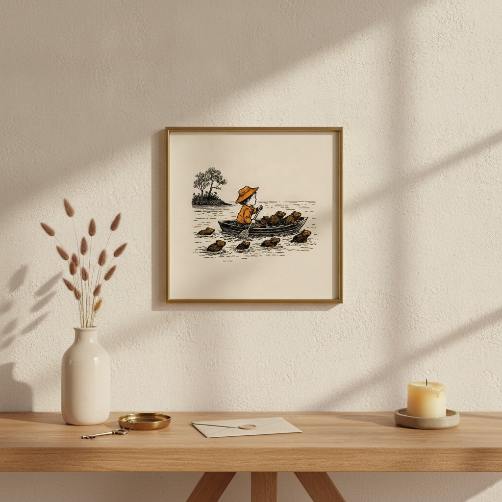 Child Rowing Boat Beavers Art art print shown in a square console brass setting